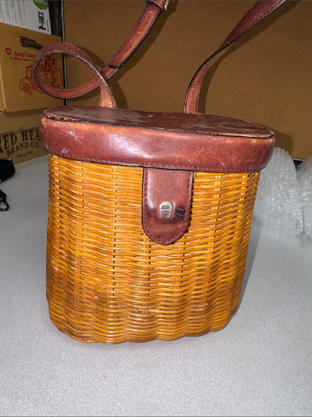 Vintage Etienne Aigner Basket Crossbody Bag with Burgundy Leather Trim - Picture 2 of 9